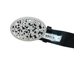 Chicos Black Rhinestone Studded Buckle Tooled Leather Belt